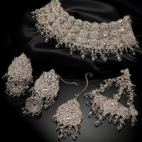 SJ-15 | Luxury Silver Crystal Bridal Choker Set